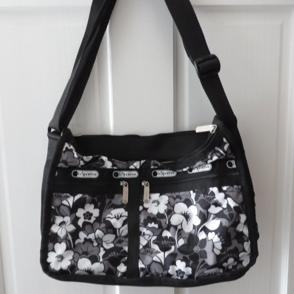 LeSportsac Black, Gray, White floral expandable bag
